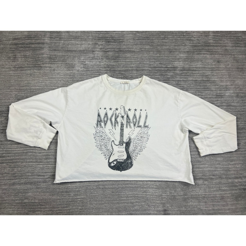 Refined Canvas Graphic Tee Womens M White Rock N Roll Guitar Crop Long Sleeve